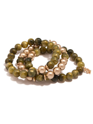 set of three shimmering color gemstone beaded bracelet with gold charms
