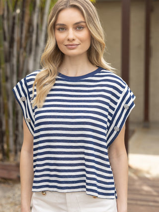 a breezy nautical navy and white striped short sleeve top