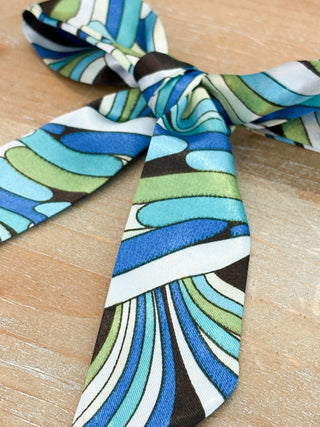 satin line skinny blue and green swirl print scarf