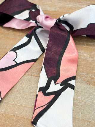 pink and purple satin like skinny floral pattern scarf