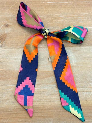 satin like skinny scarf with colorful pattern