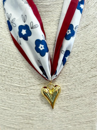 Necklace Scarf - Red Trim Blue Flowers