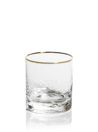 negroni hammered stemless old fashion cocktail glass with a gold rim
