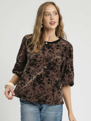 Night Shade Blossoms Velvet Burnout Top - Brown