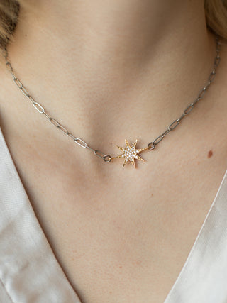 north star gold pendant starburst sun necklace with rhinestones on a silver paperclip chain