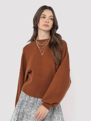 brown dolman sleeve sweater with ribbed details 
