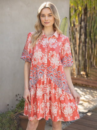 Paisley Petals Mini Dress - Coral