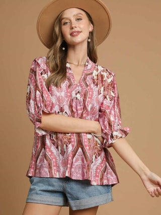 pink paisley blouse half sleeves with ruffle and v neckline 