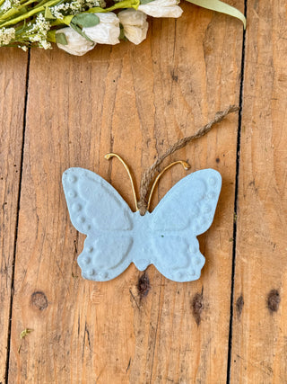 blue paper mache and metal butterfly ornament