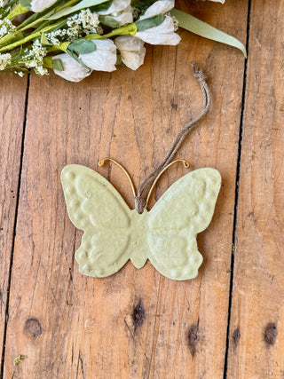 green paper mache and metal butterfly ornament