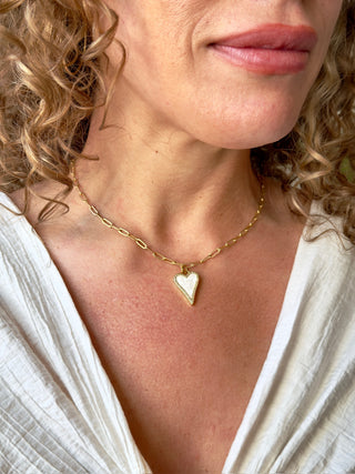 gold paperclip chain necklace with white stone heart