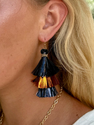 navy blue and orange tassel dangle earrings