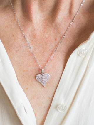 silver chain necklace with rhinestone heart pendant