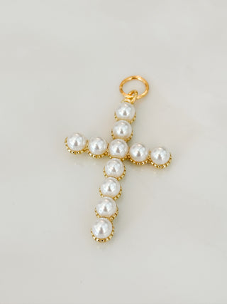 gold cross charm with white pearls