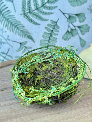a green artificial perch and nestle natural birds nest