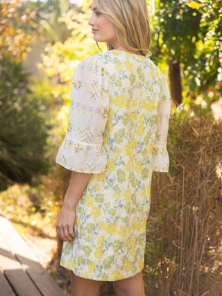 Petals and Puffs Embroidered Mini Dress - Yellow