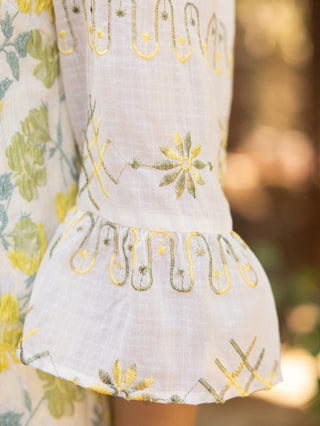 Petals and Puffs Embroidered Mini Dress - Yellow