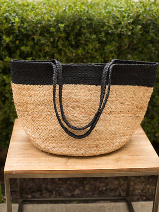 black and natural woven jute tote bag with colorblock design for handbag or beach bag