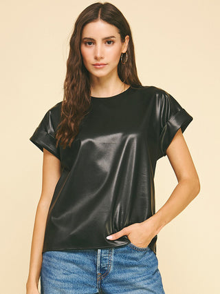 black short sleeve faux leather top