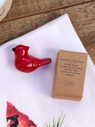 an adorable red ceramic pocket cardinal gift in a box