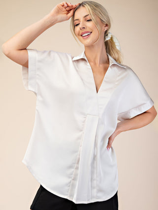 v neck silky ivory blouse with short sleeves gathered middle pleat 