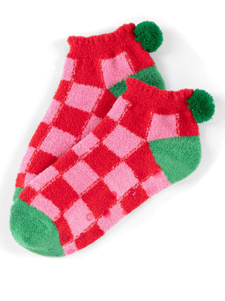cozy red and pink checkered pom pom fuzzy socks