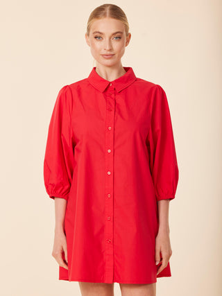 red button up mini dress with quarter length sleeves and collar