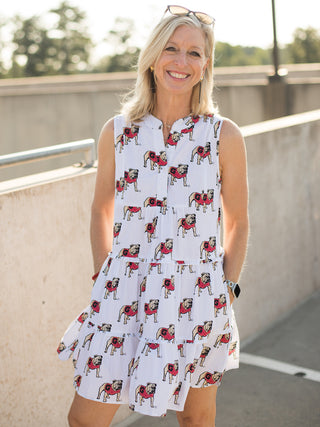 a white relaxed fit mini dress with university of georgia bulldog print perfect for game day and football fashion