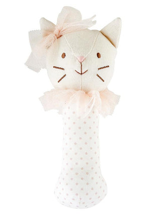 soft beige cotton baby jingle rattle shaped like a cat