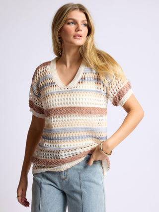 blue cream and pink open knit striped short sleeve v neck sweater