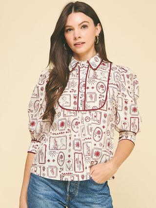 white and red western frame print top with balloon sleeves and collar