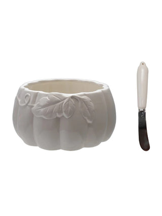 Pumpkin Bowl w/Knife - White