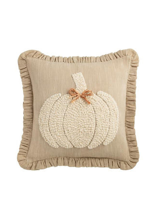 square beige lumbar pillow with embroidered pumpkins and raffia bow 