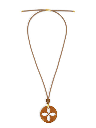 a brown adjustable cord necklace with a brown quatrefoil pendant