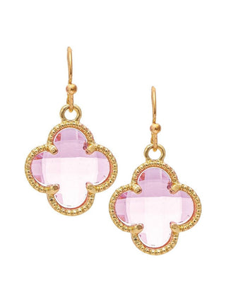 a pair of pink facet clover quatrefoil earrings in gold