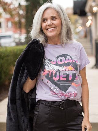 wear this lavender band tshirt featuring joan jett and the blackhearts vintage art as a casual cool layer