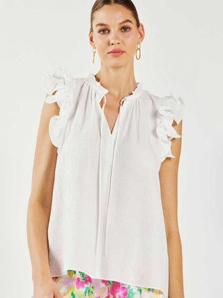 sleeveless white double ruffle top with v neck self tie