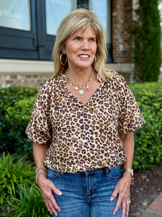 leopard print short puff sleeve top with wide v neck