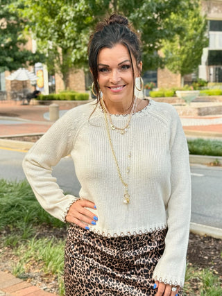 Reyna Contrast Stitch Sweater - Cream/Brown