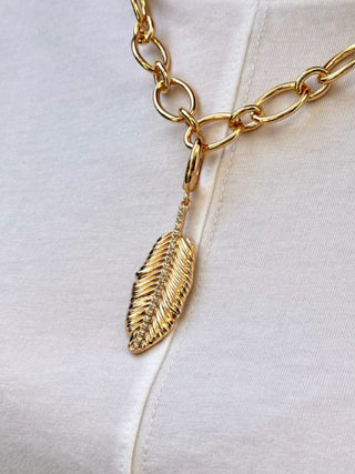 Rhinestone Feather Pendant Charm - Gold