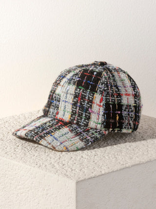 a black and white plaid boucle fabric fashion ball cap