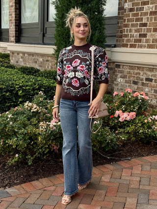 Rosy Daydream Floral Knit Top - Brown