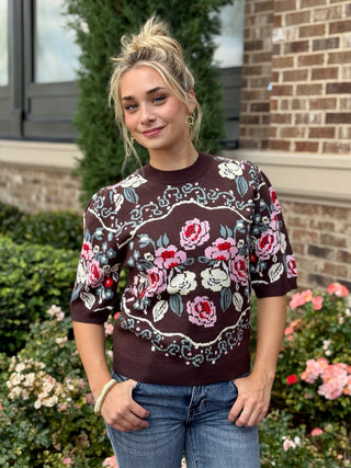 brown half puff sleeve sweater blooms with pink florals