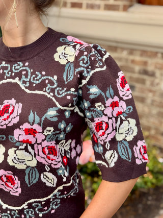 Rosy Daydream Floral Knit Top - Brown