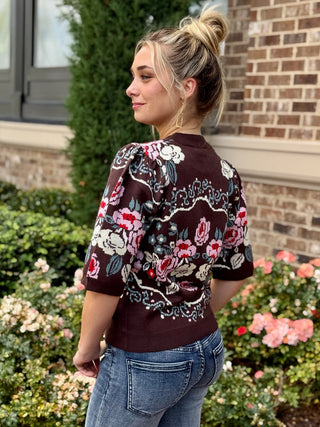 Rosy Daydream Floral Knit Top - Brown