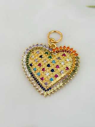 gold heart charm with colorful cz crystals