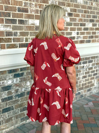 Ruffle Rodeo Boots Print Mini Dress - Rustic Red