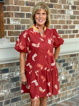 rustic red mini dress with short puff sleeves and cowgirl boot print