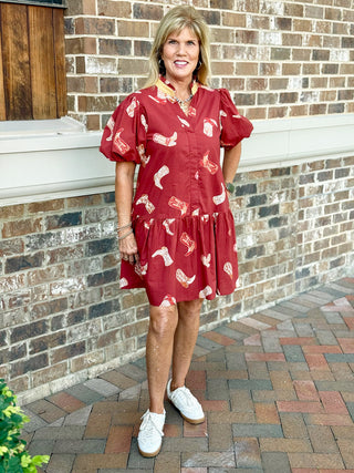 Ruffle Rodeo Boots Print Mini Dress - Rustic Red