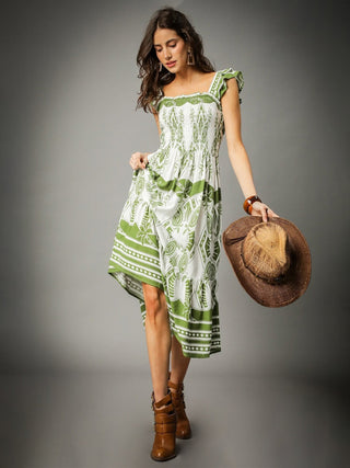 Boho Breeze Midi Dress - White/Green